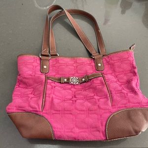 RASPBERRY PINK & Brown Satchel! Zip Closure. Shows slight wear on bottom corners